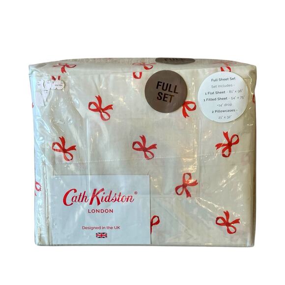 Cath Kidston London Holiday Red Bows Cotton FULL Sheet Set 4pc Sage Green NEW - Picture 4 of 15